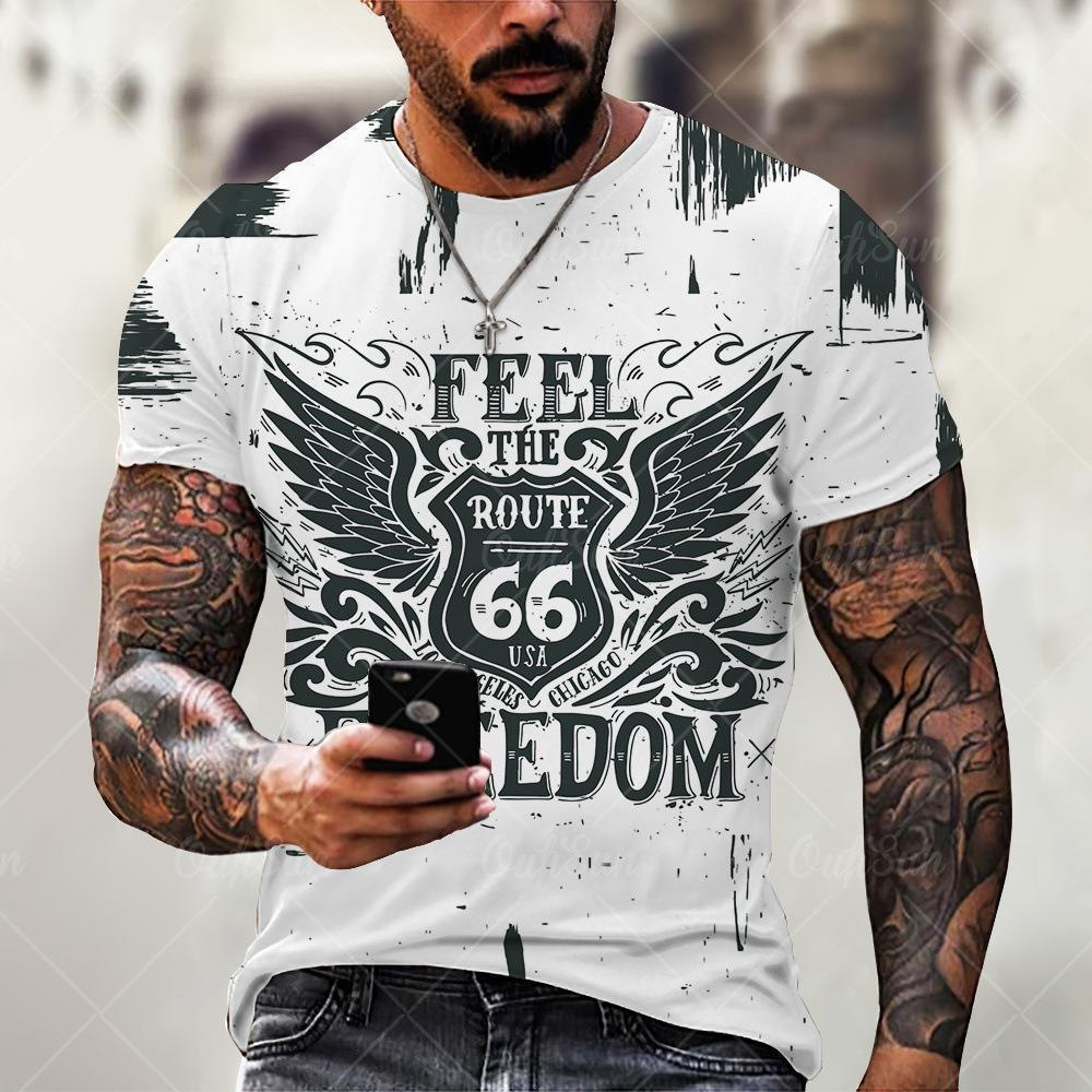 Cross-border Amazon hombres camisa de cuello redondo retro manga corta estilo europeo y americano impreso N ° 66 carretera carta camiseta