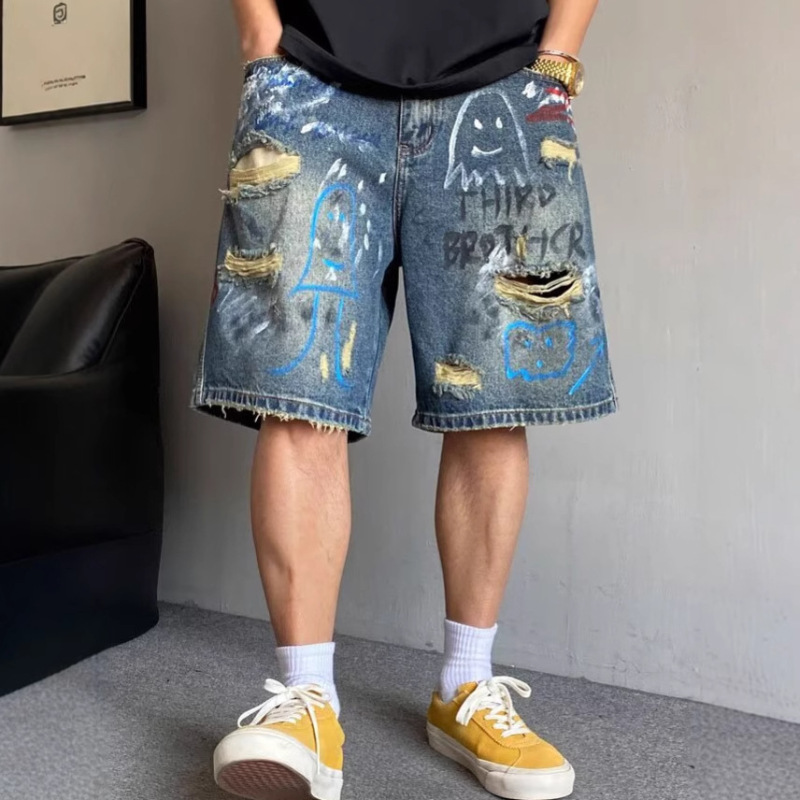 American Trendy Hand-Painted Graffiti Printed Ripped Denim Shorts Men's Summer New Fashion Loose Five-Point Jeans American Trendy Hand-Painted Graffiti Printed Ripped Denim Shorts Men's Summer New Fashion Loose Five-Point Jeans