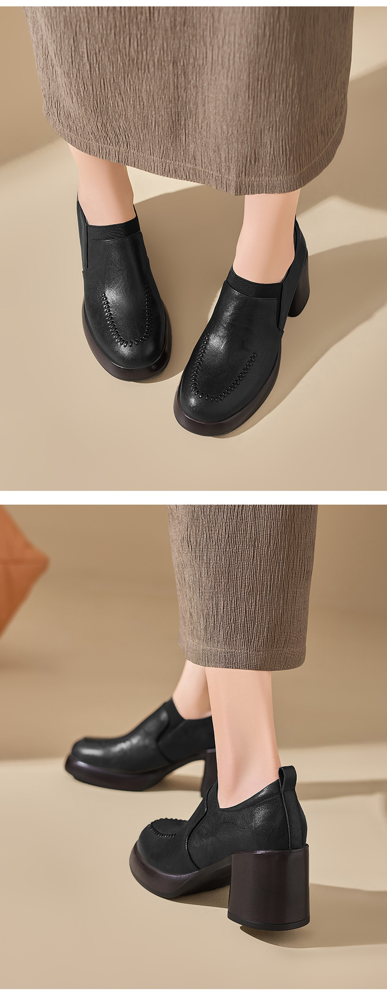 Giày loafer nữ da bò thật đế dày gót vuông 7 cm, miệng sâu, phong cách đơn giản — màu nâu chi tiết 4