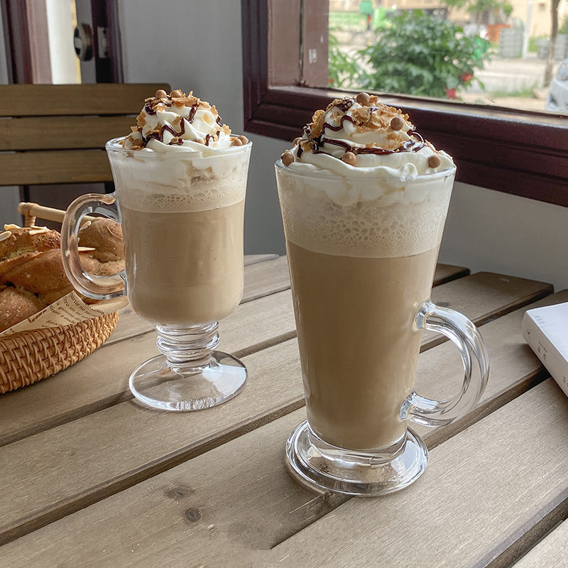 韩式ins风玻璃杯餐厅拿铁咖啡杯个性高脚带把冷饮奶茶果汁牛奶杯