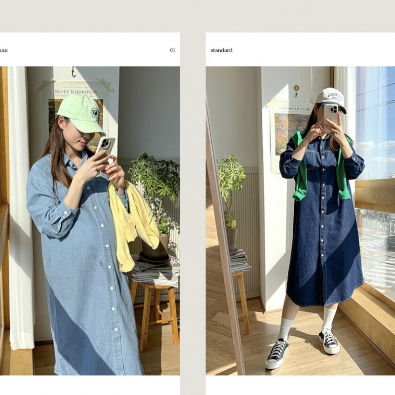 Ready-Made Maternity Cardigan Topstitched Denim Dress Korean Style Loose with Belt Can Be Used as a Nursing Maternity Dress