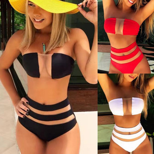 2021 European and American swimsuit women's split bikini solid color mesh bikini flat chest high waist swimsuit high elasticity