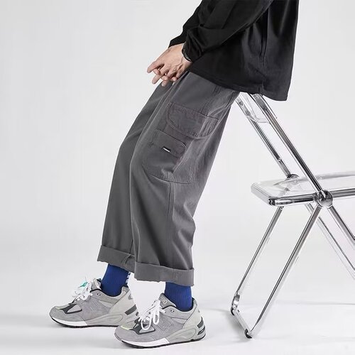 Men's Versatile Straight Leg Casual Loosely Fitted Work Pants with Hong Kong Style Ins Pure Color Daywear Pants