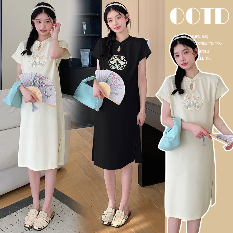 Maternity Dress Summer New New Chinese Style Improved Cheongsam Dress Short-sleeved Elegant Ice Silk Knitted Dress Summer Dress