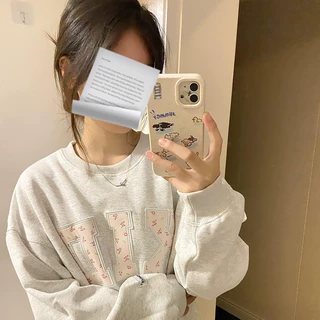 美式复古碎花贴布刺绣无帽卫衣女春秋季宽松chic慵懒港风长袖上衣