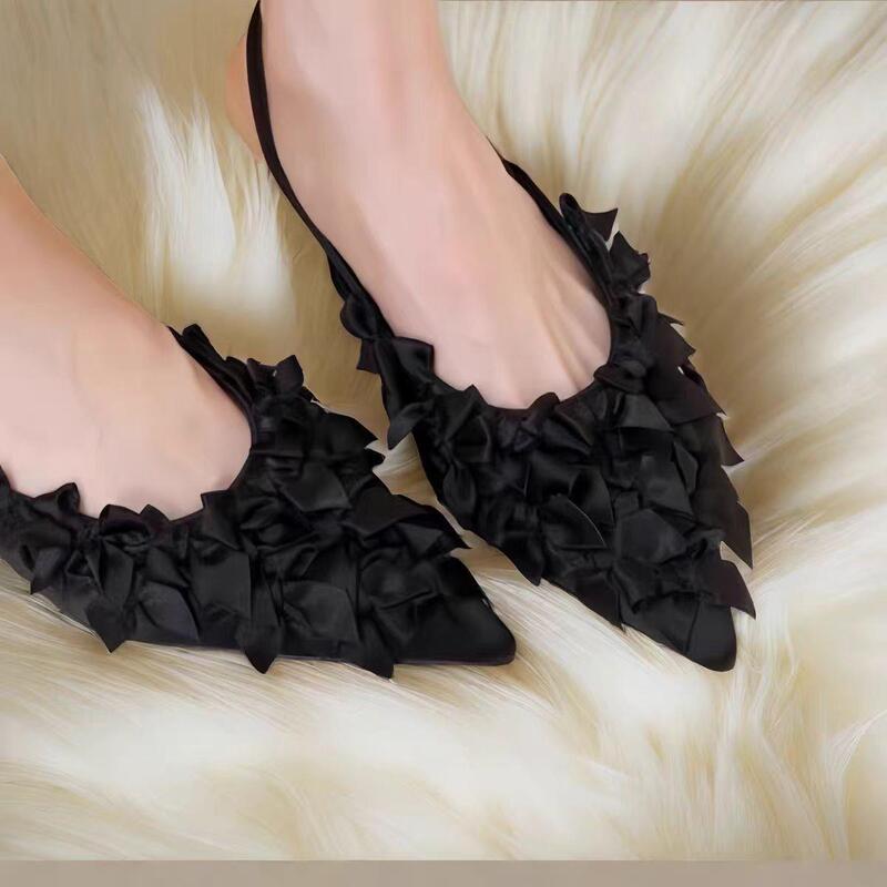 2025 Summer New Style Bow Satin Mules for Elegant Ladies, French Pointed-Toe Flat Backless Sandals