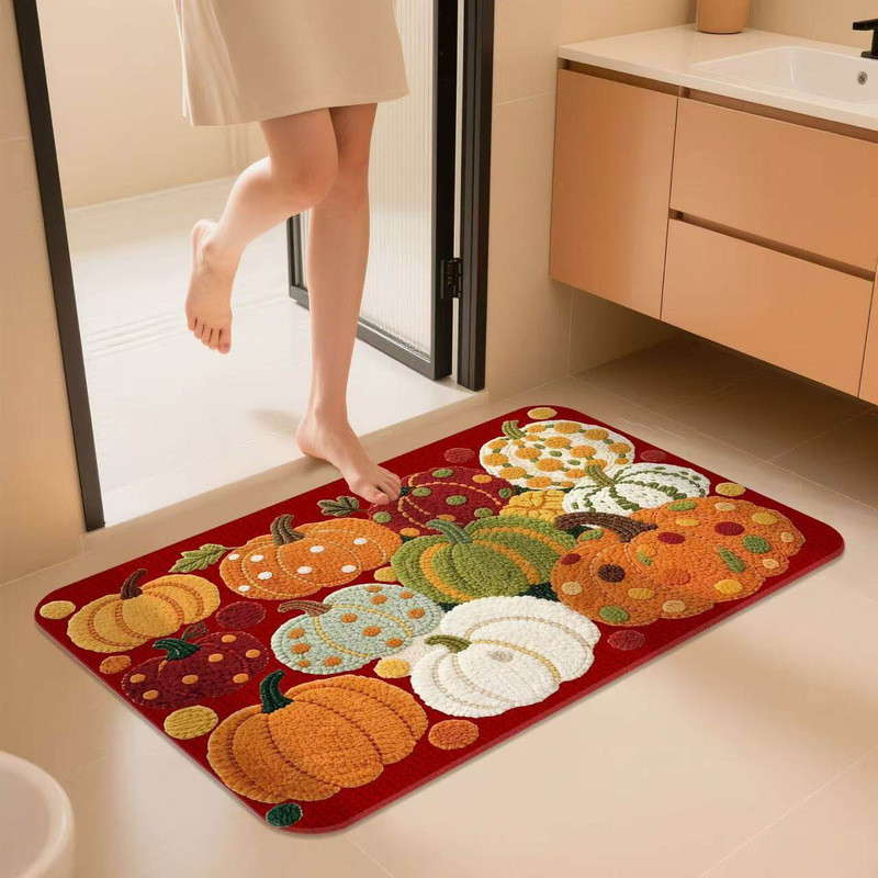 Trendy Pumpkin Diatomaceous Earth Floor Mat for Bathroom Entrance, Washable Foot Mat for Home Use, Water-Absorbent and Quick-Drying Bathroom Mat