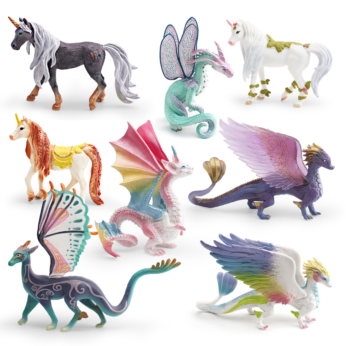 Simulación transfronteriza de mitología occidental monstruos animales modelo infantil unicornio arco iris caballo libélula adornos dragones voladores