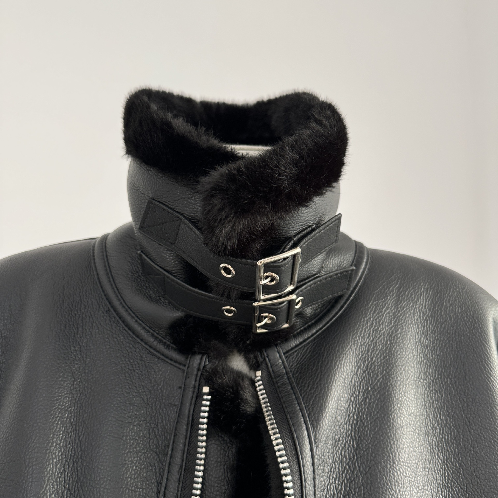 Women's Clothing retro motorcycle style belt decoration stand collar fur lamb wool thick warm coat women's jacket_voghion.com