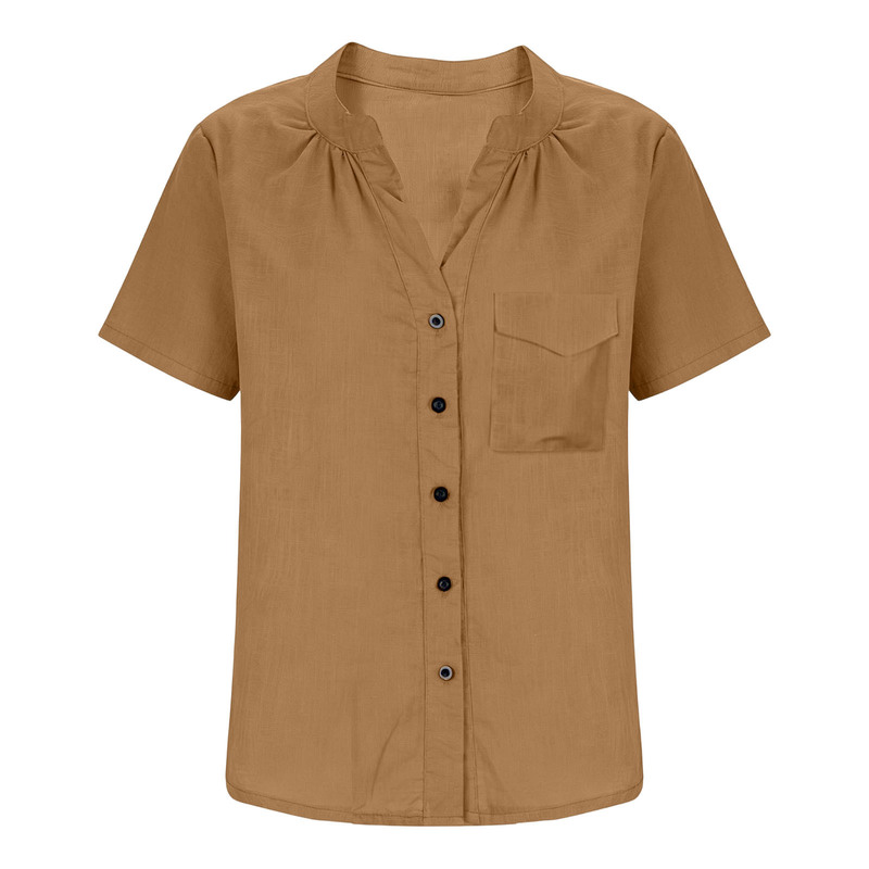 Women's Elegant Solid Color V-Neck Short-Sleeve Shirt with Pockets, Versatile for All Seasons, Casual Style