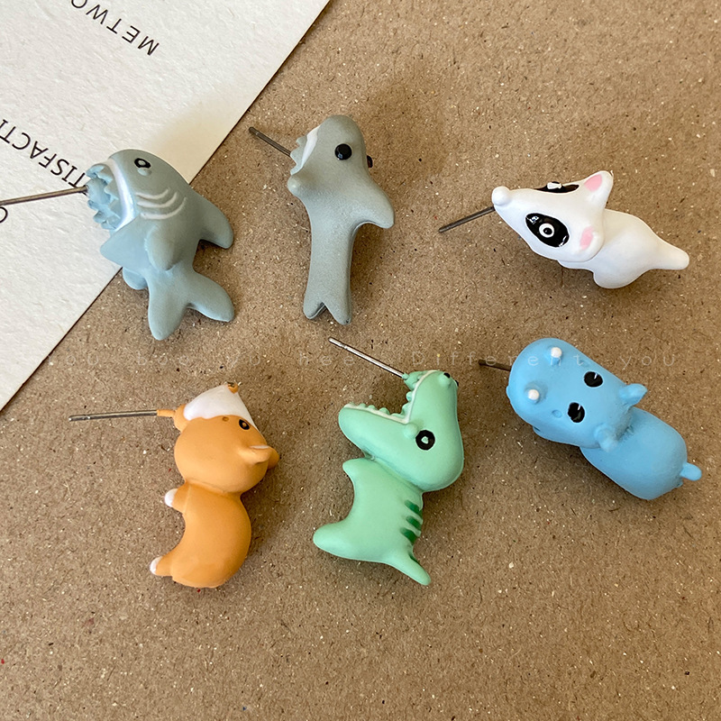 12g Weight 1 Pair Cute Funny Dog Dinosaur Shark Enamel Copper Ear Studs