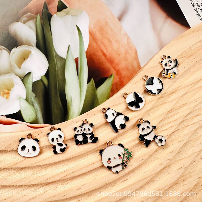 Cartoon Panda Series Eating Bamboo DIY Alloy Dripping Oil Jewelry Accessories Keychain Pendant Necklace Bag Pendant