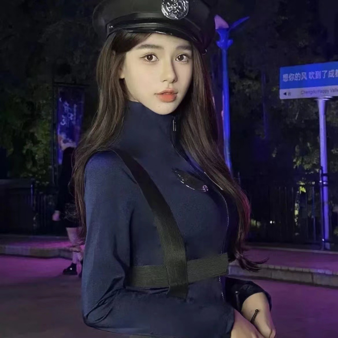 Sexy Policewoman Cosplay Uniform Set with Hat, Tight Jumpsuit, One Size — detail image 2