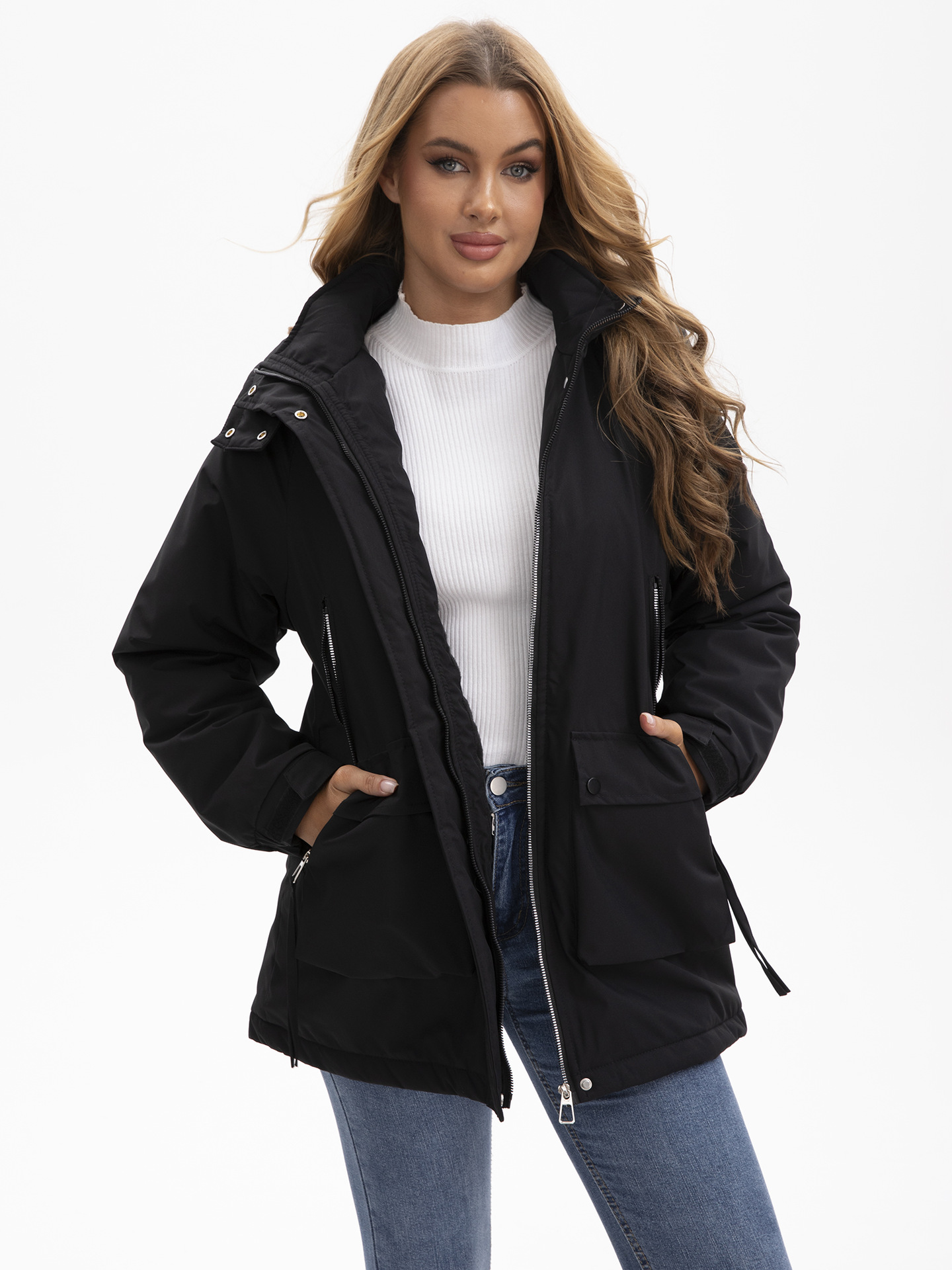 Chaqueta parka con capucha desmontable nueva de 2025, forrada de forro polar, repelente al agua, abrigo de otoño e invierno para mujer, ropa de algodón transfronteriza.