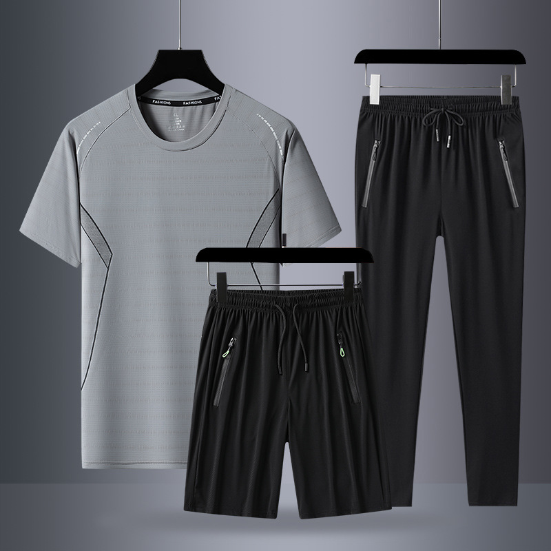 Trajes deportivos de manga corta transfronterizos para hombres de verano, camisetas de media manga de hielo, pantalones cortos casuales de tres piezas para correr.