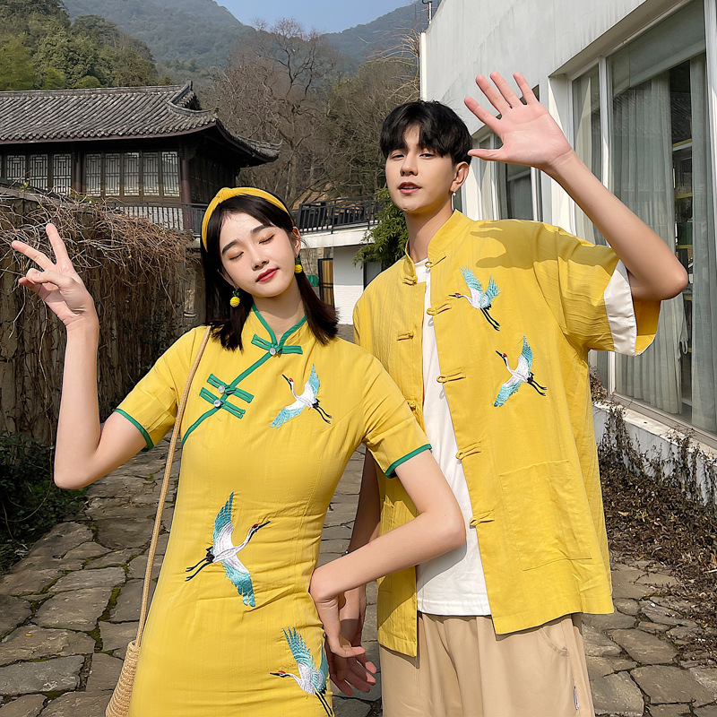 Not the same cheongsam Couples dress Summer wear shirt Popular Chinese style Red-crowned crane shirt Short sleeved Slit skirt