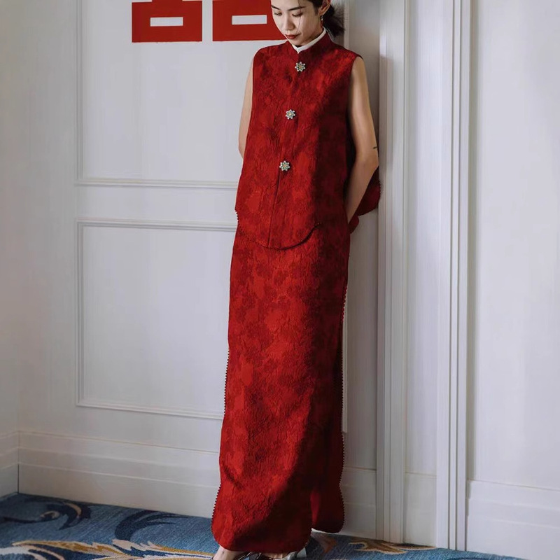 New Chinese Style Morning Dress Female Bride National Style Light Luxury Dame and Emotional Red Wedding Two-piece Morning Robe Toast Dress