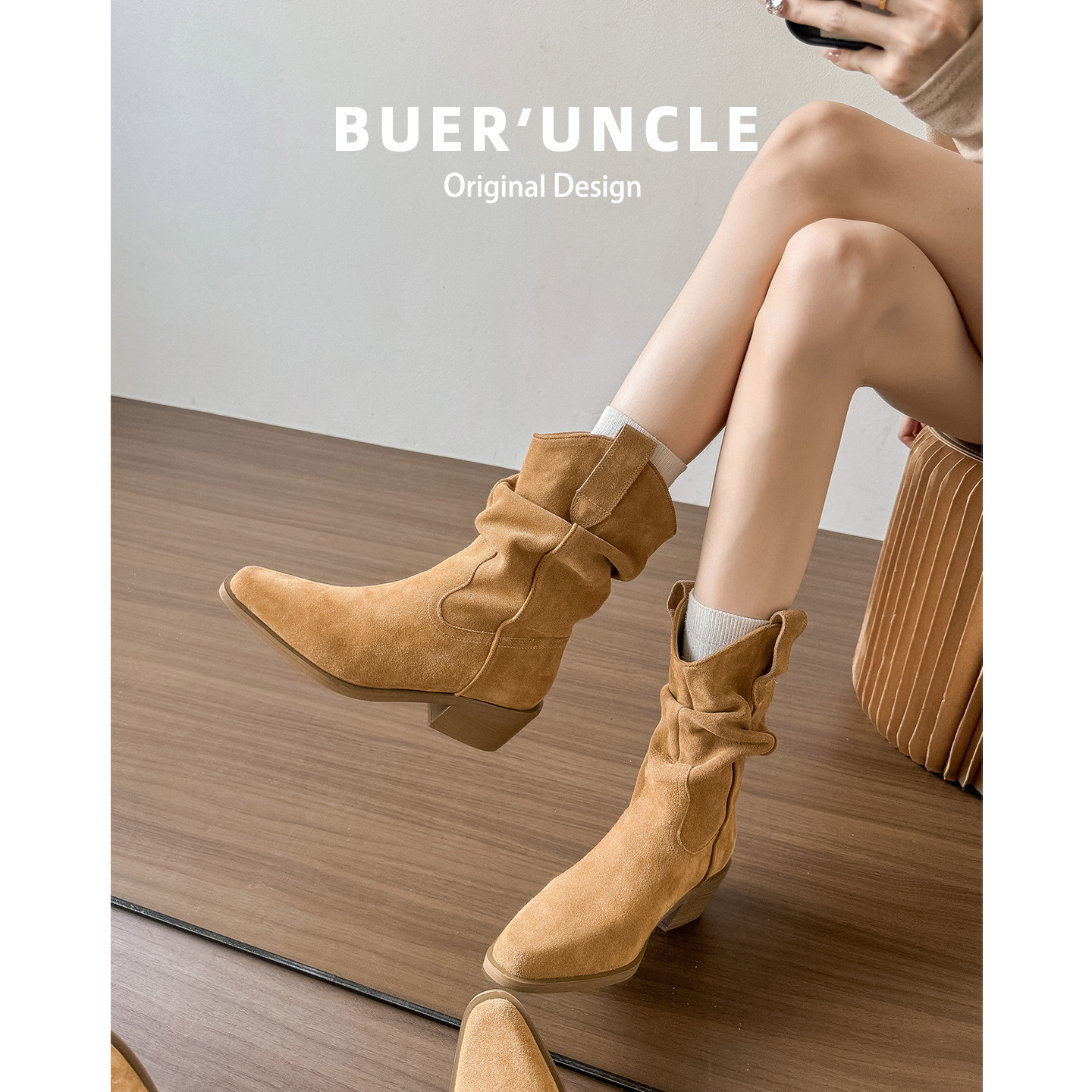 In Stock ~ Zhao Lusi's Same Style Inner Heightening Thick Heel Short Boots for Women with Pointed Toe Slimming Look Pleated Boots Retro Boots