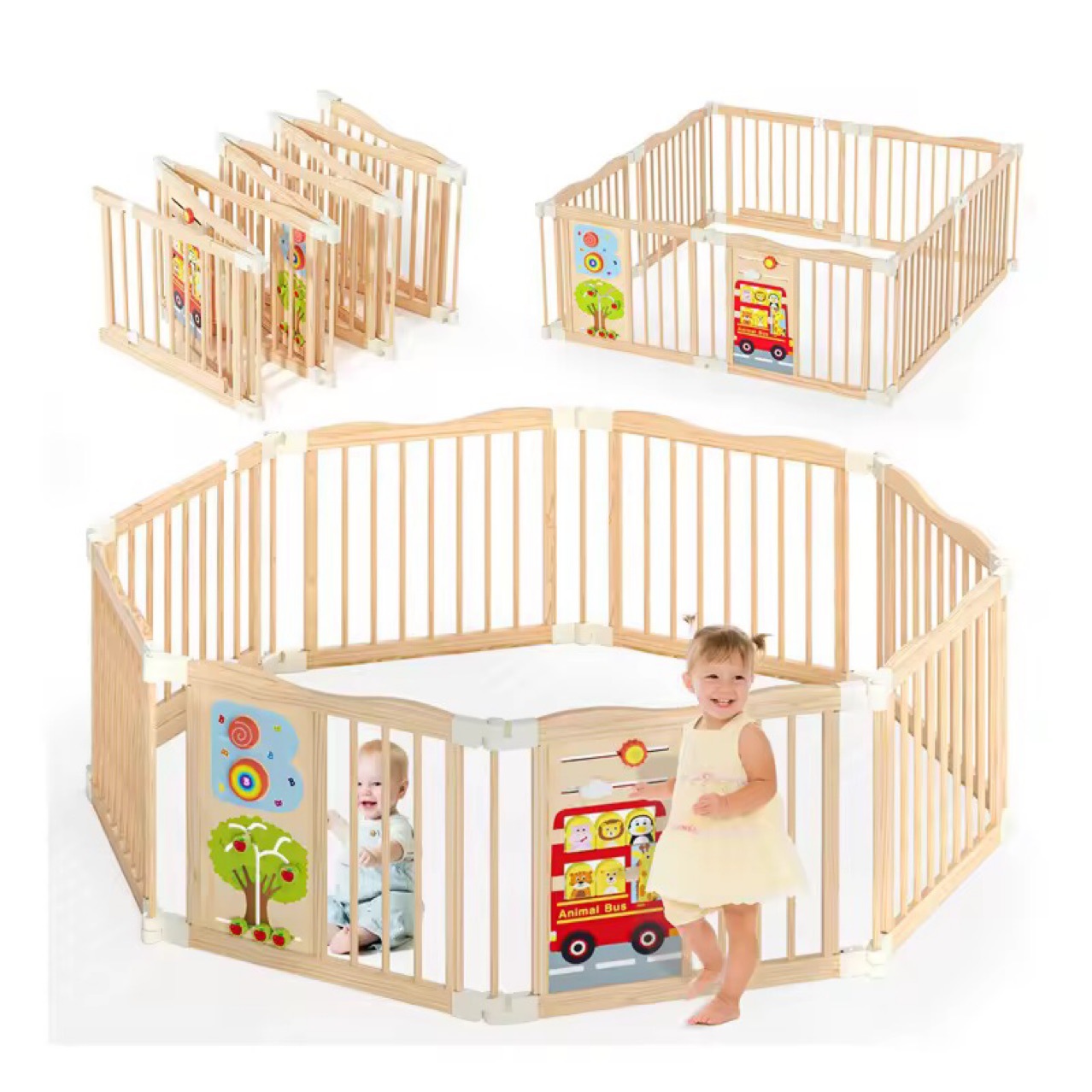 Foldable wooden baby playpen for home use, adjustable wooden baby playpen