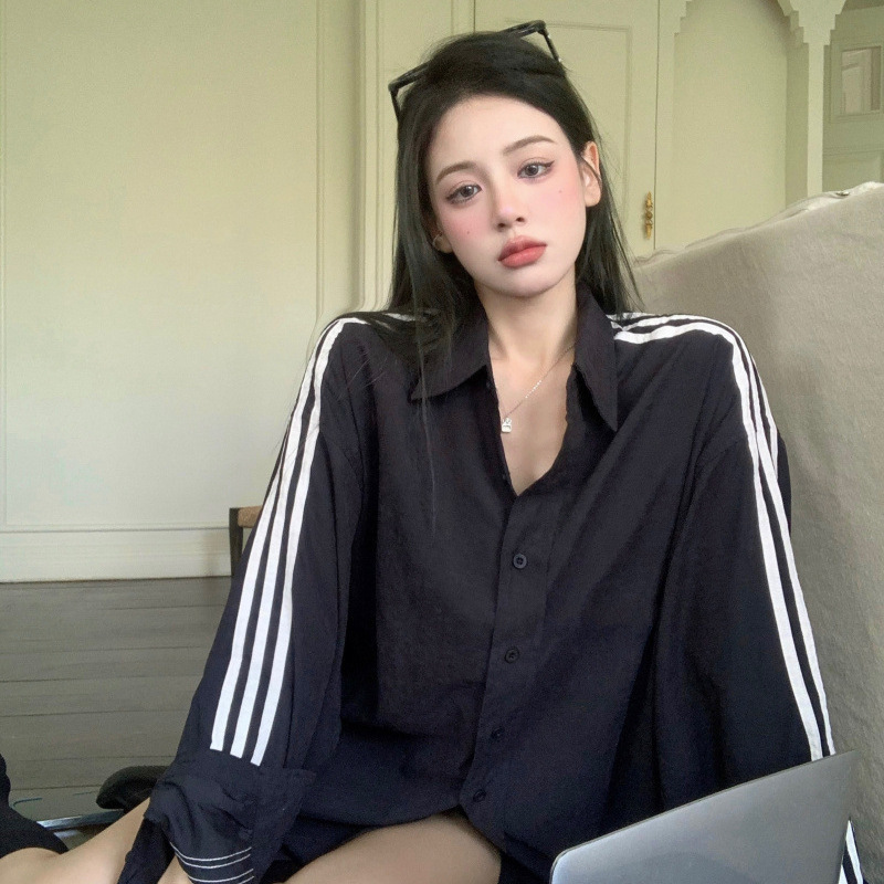 Autumn versatile sports shirt short coat women's loose niche striped slim design thin casual outerwear top