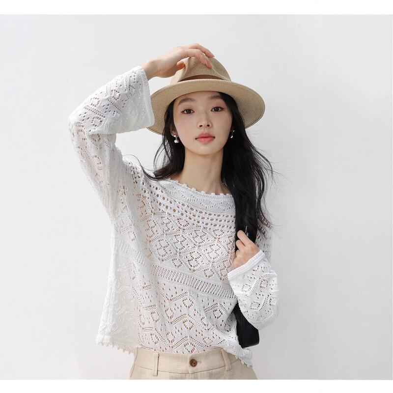"Handmade Crochet" Wool Blended Hollow Round Neck Knitwear Women's 2024 Autumn New Vintage Hollow