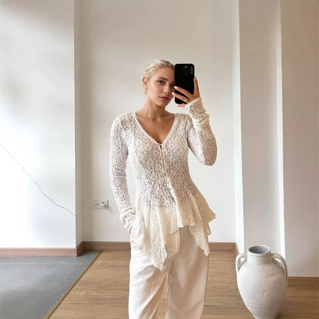 2025秋季爆款欧美蕾丝开衫排扣衬衫女修身长袖时尚百搭显气质上衣