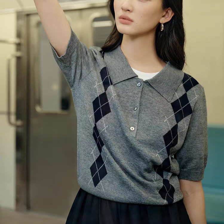 Leisure Time Miu Series Machine Washable Wool Polo Collar Knitted Short Sleeve Top College Style Contrast Color Argyle T-Shirt
