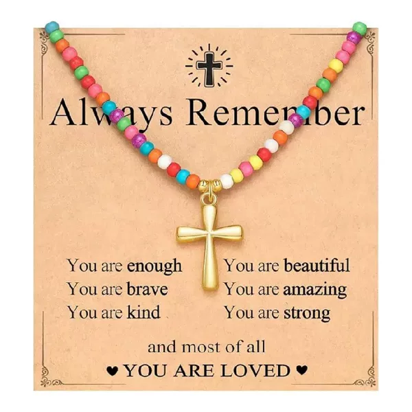 Amazon's New Colorful Dopamine Rice Bead Necklace, Fashionable and Simple Beaded Love Cross Beaded Necklace for Women