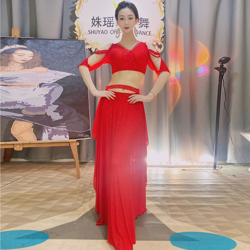 Belly dance practice clothes  new set autumn water gauze hot diamond oriental dance dance costume fairy style performance costume