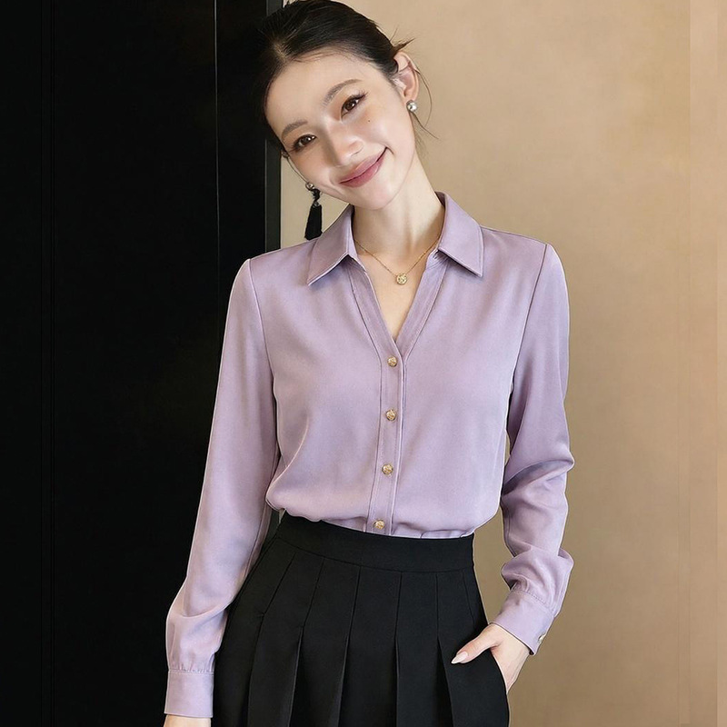 2026 Spring and Autumn Women's Satin Shirt, Loose Long Sleeve, Elegant, Vertical Texture, Metal Button, Fashionable Slimming Chiffon Blouse