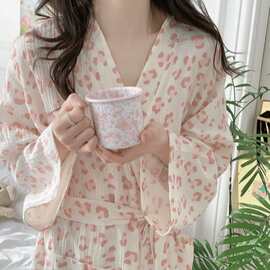 韩国ins女士早春新品韩版可爱豹纹纱布睡袍浴袍睡裙睡衣家居服女