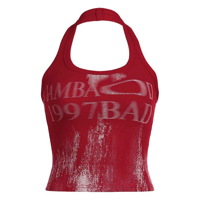 Европейский и американский женский современный винтажный подвесной жилет на шею с принтом букв, женский сексуальный красный топ с открытой спиной, женский летний