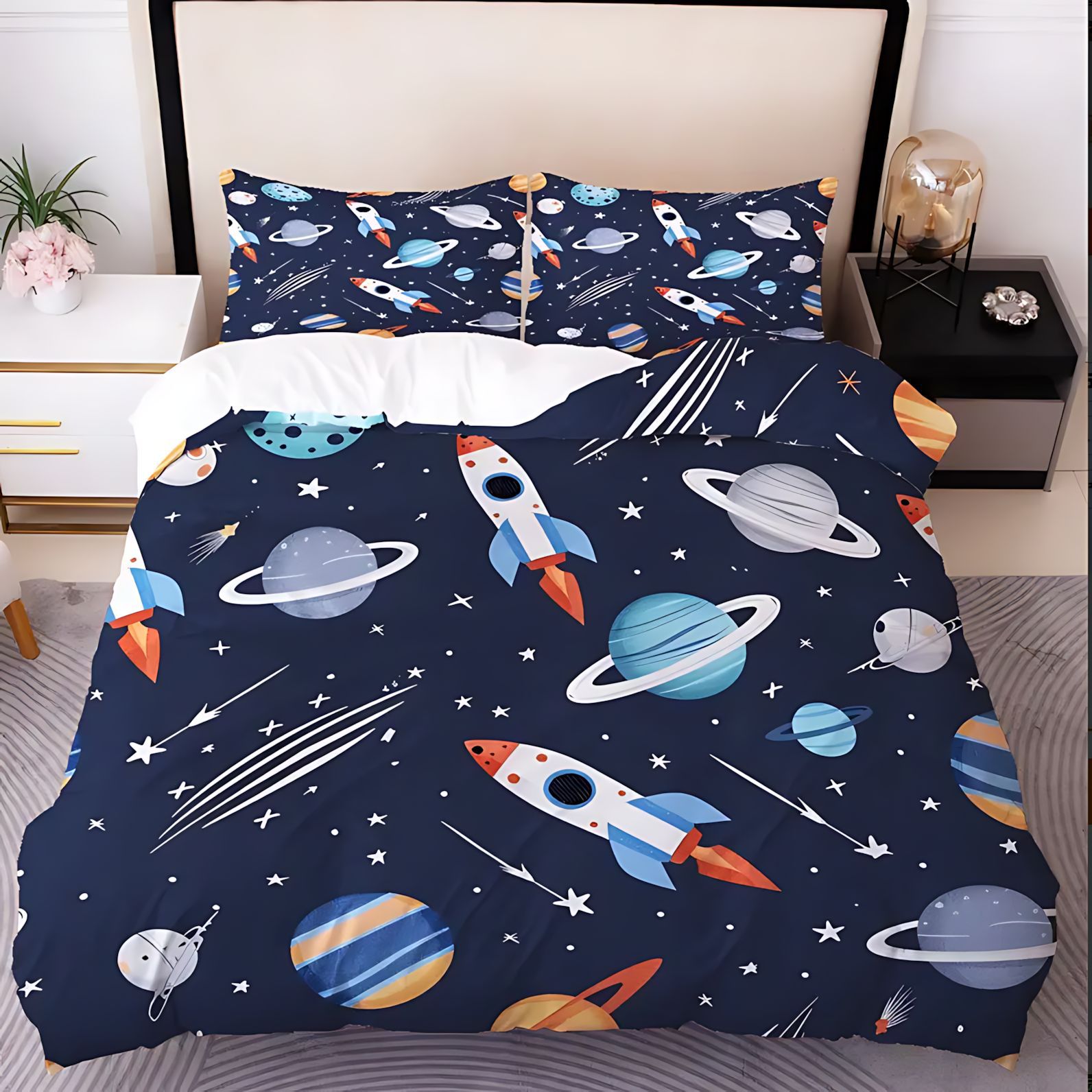 TEMU / JIT transfronterizo dibujos animados tema espacial impresión digital HD suave edredón transpirable kit de funda de almohada