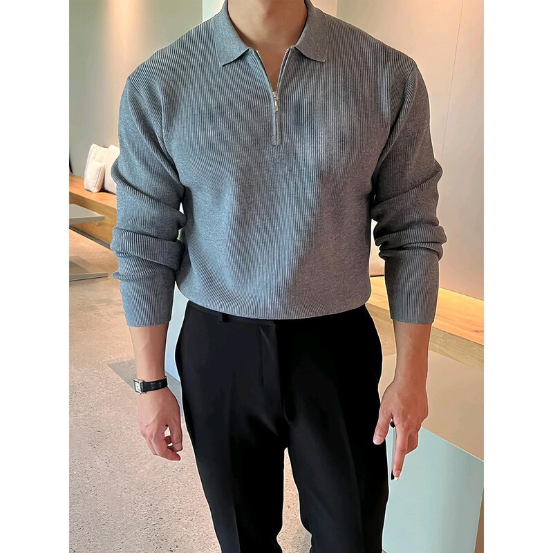 Grey Long Sleeve Knitted Polo Shirt Men's Autumn Light Mature Half Zip Sweater Niche Lapel Outer Wear Sweater Jacket Grey Long Sleeve Knitted Polo Shirt Men's Autumn Light Mature Half Zip Sweater Niche Lapel Outer Wear Sweater Jacket
