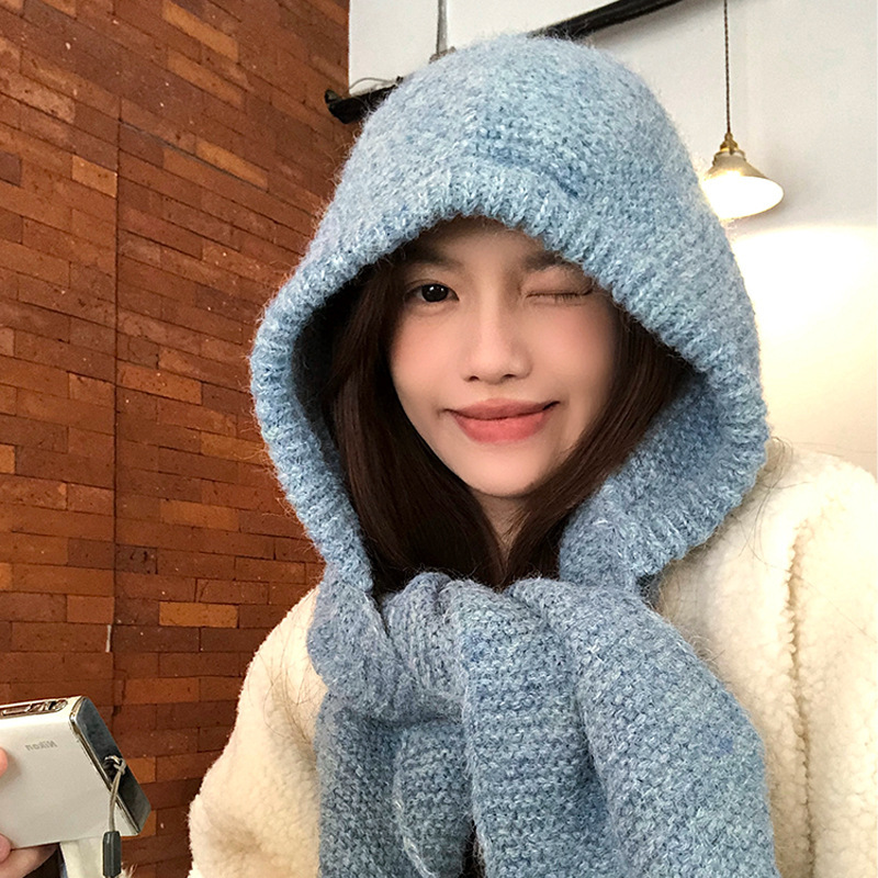 韩系蓝色针织帽子围巾一体女冬季护耳帽保暖毛线帽冬巴拉克拉法帽|undefined