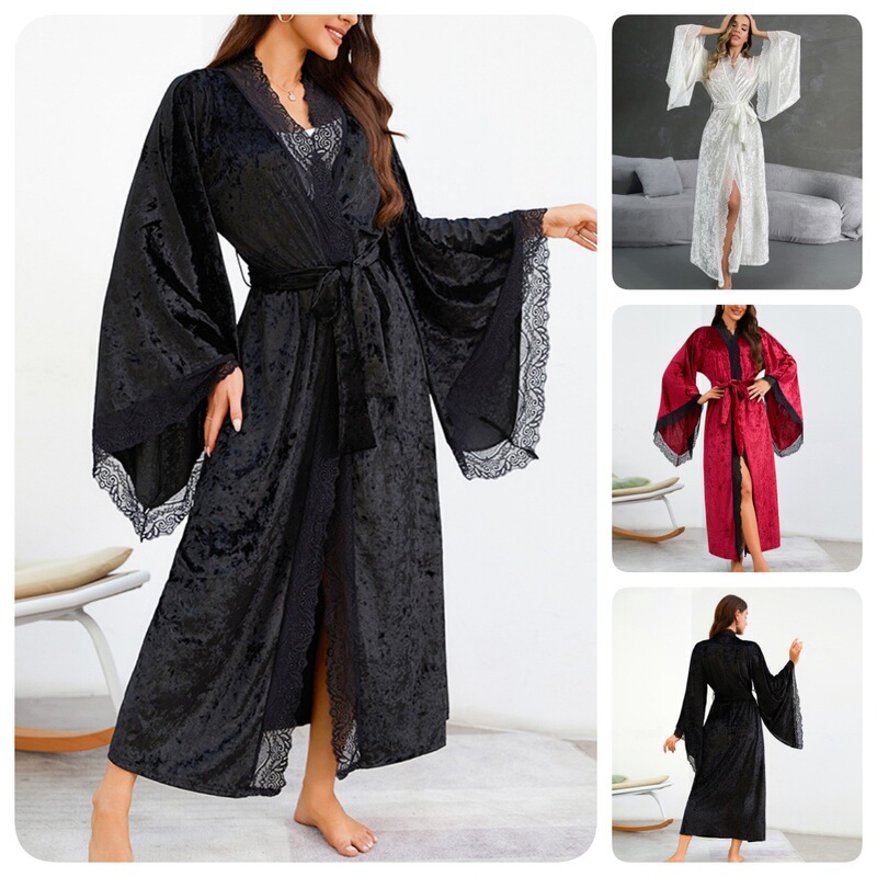 Source Factory Women's Velvet Long Comfortable Nightgown with Lace Decoration and Flared Sleeve Design, Multi-Color Homewear 623
