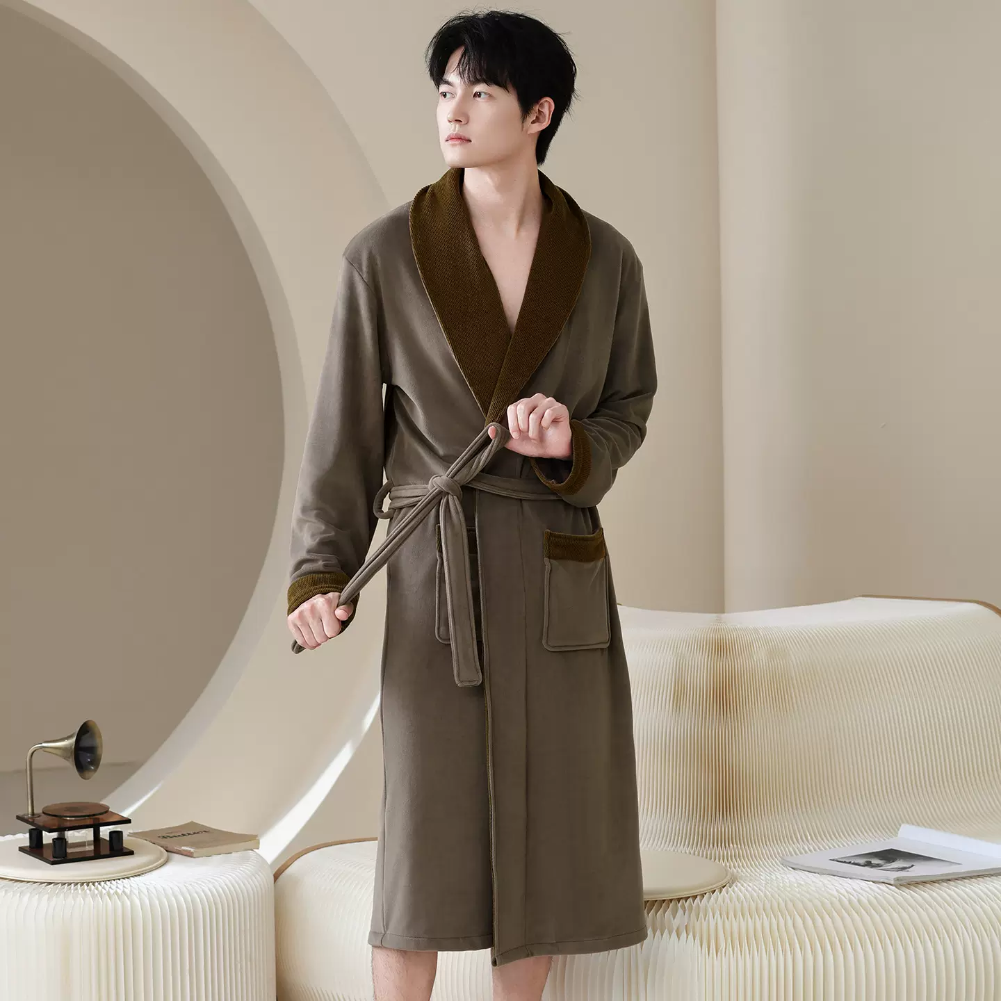 冬季睡袍男海岛绒加厚保暖高级感晨袍冬天抗静电中长款睡袍男