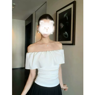 pusmuede 在逃少女 荷叶边一字肩短袖t恤女漂亮别致小衫气质上衣