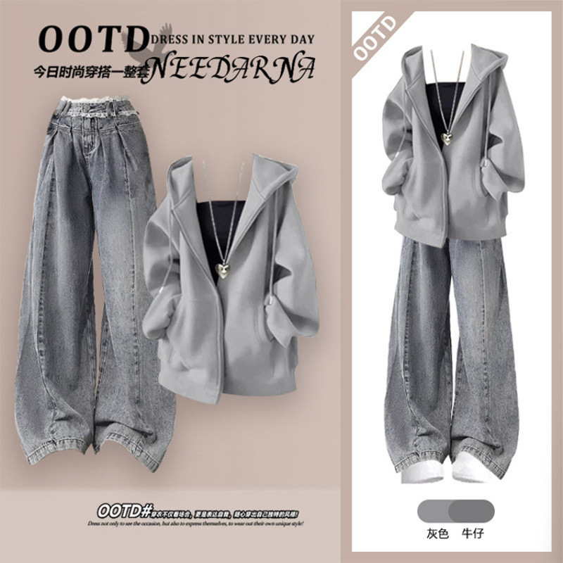 High-end chic and unique preppy style hoodie set for women, super popular autumn outfit for 2026, complete with Korean style jeans.