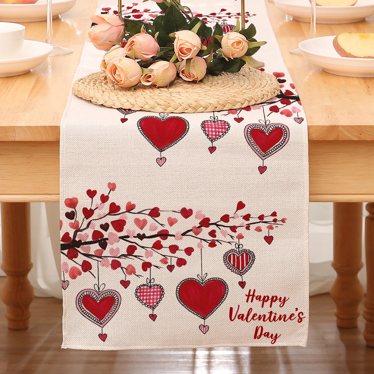 Camino de mesa temático de San Valentín para decoración transfronteriza, mantel rojo estampado de Amazon, decoración de restaurante, estilo nórdico, decoración del hogar, tira larga