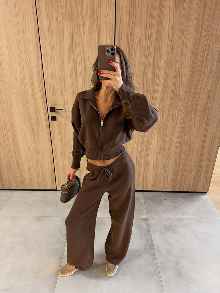 Bộ đôi áo cardigan len cổ polo dáng ngắn khóa kéo và quần dài dệt kim dây rút phong cách Âu Mỹ — Màu be, Màu nâu, màu xám, màu đen chi tiết 3
