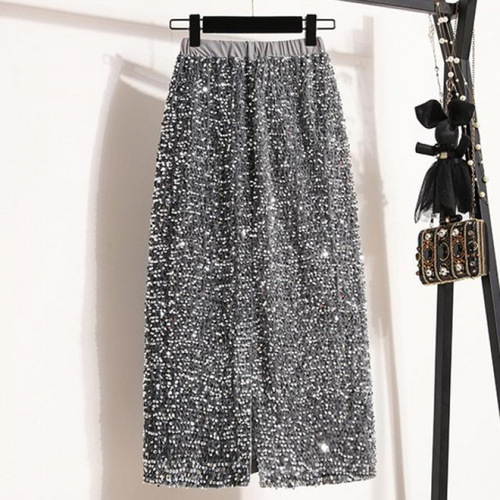 Large size slightly fat MM sequined skirt for women's spring new style high-end shiny high-waist mid-long skirt