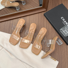 踩屎感羊皮透明涼鞋女2024年夏季新款高跟鞋水晶跟外穿粗跟涼拖鞋