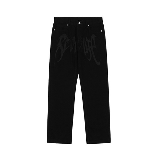 Black Jeans for Men and Women, Trendy High Street, American Retro Embroidered Letter High-Waist Straight Leg Hip-Hop Loose Jeans