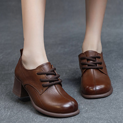 單鞋女2023秋季新款粗跟中跟軟底水洗頭層軟牛皮前系帶擦色深口鞋