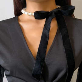 跨境流行饰品 仿珍珠黑色织带绳结颈链锁骨链欧美时尚珍珠项链