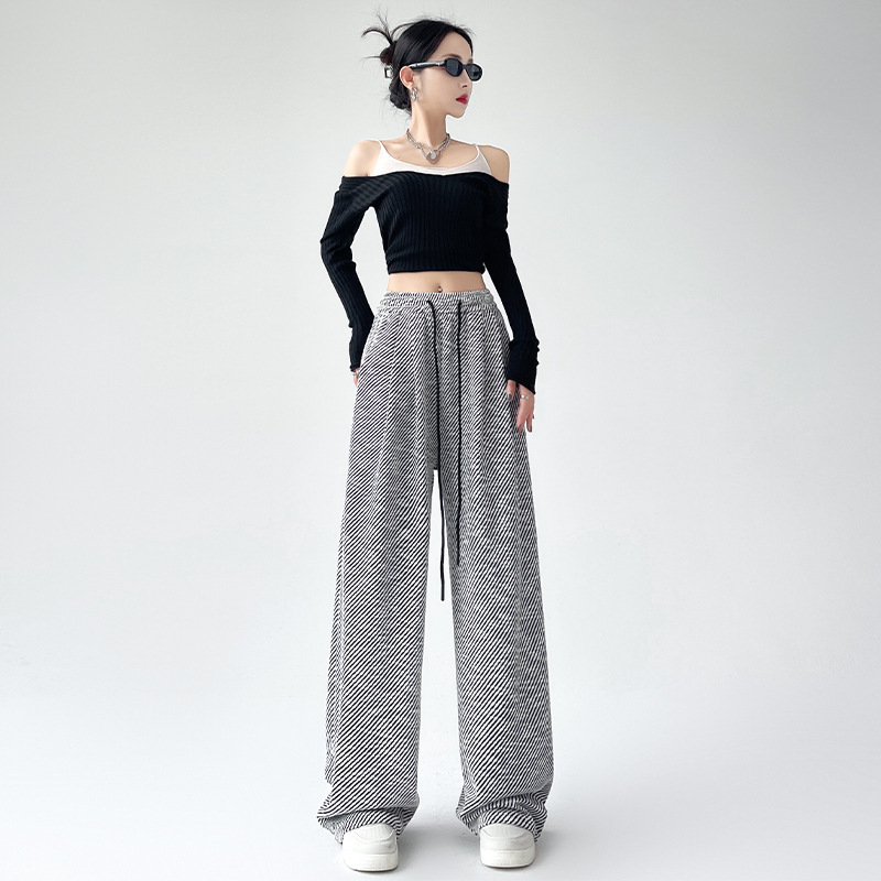 Pantaloni a gamba larga autunnali da donna, larghi e pigri, a righe diagonali nere e bianche, pantaloni sportivi dritti casual_voghion.com