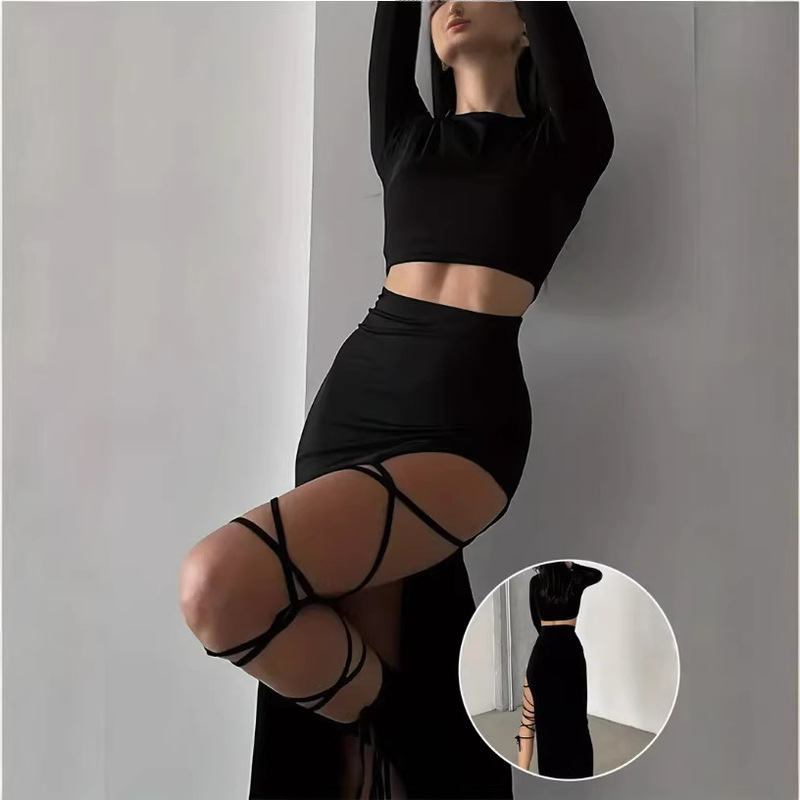 New European and American Style Women's Sexy Long-Sleeved Crop Top and Side-Slit Tie-Up Long Skirt 2-Piece Set New European and American Style Women's Sexy Long-Sleeved Crop Top and Side-Slit Tie-Up Long Skirt 2-Piece Set