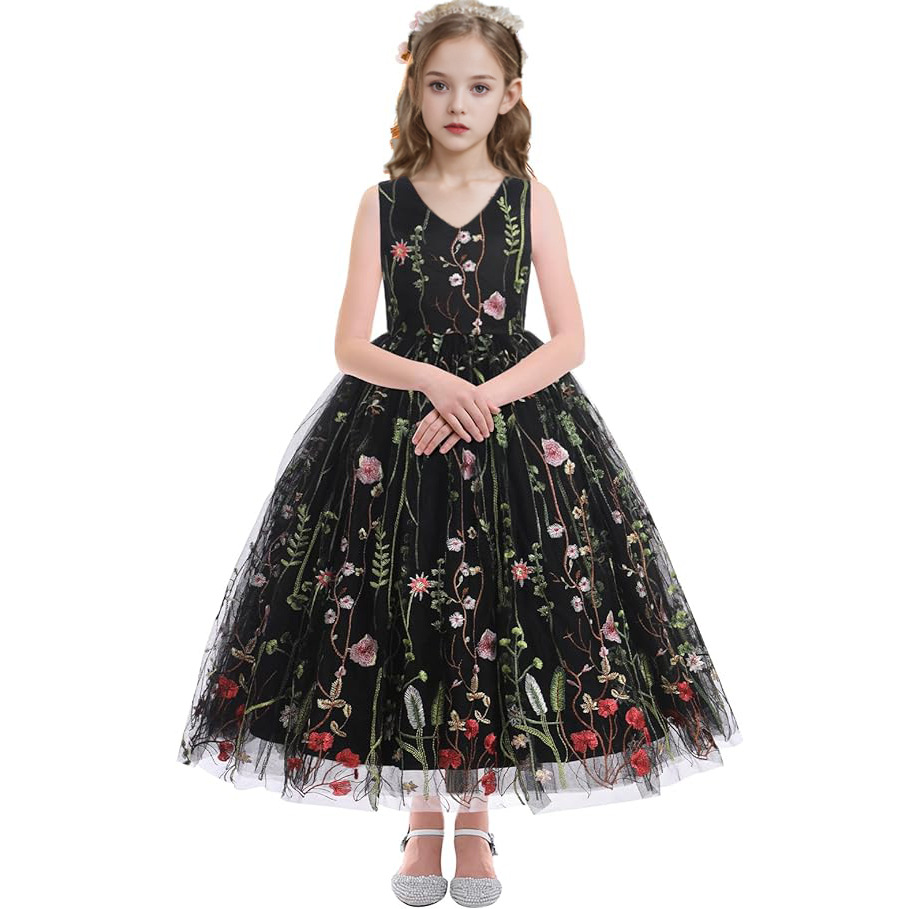Robe de chorale pour filles – Robe de soirée sans manches en tulle brodé pour récitals de piano, demoiselles d'honneur et occasions spéciales_voghion.com