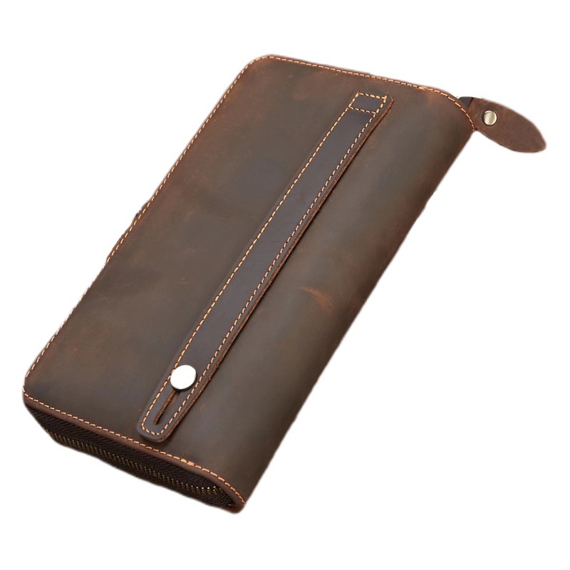 Men's Genuine Leather Wallet Cross-Border New Retro Clutch Multi-Functional Zipper Mobile Phone Bag Crazy Horse Leather Long Wallet